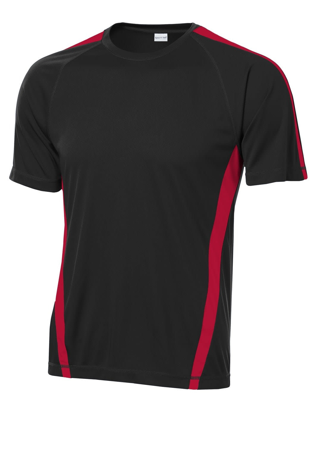 A black and red sporty t-shirt with a logo, featuring colourblock design and short sleeves.