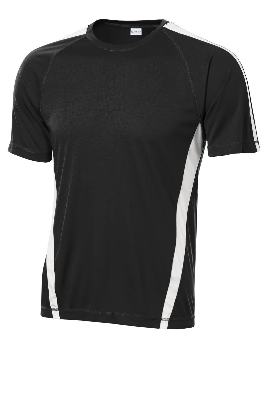 A black t-shirt with white colourblock accents and a logo, designed for sporting activities.