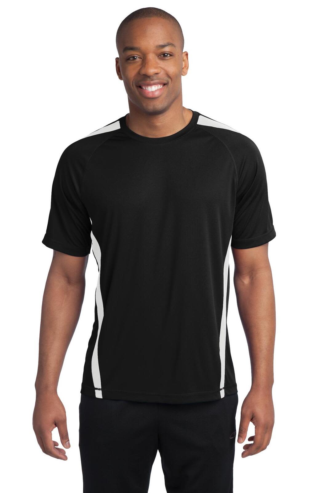 A man is wearing a black Sport-Tek Colorblock PosiCharge Competitor Tee with white accents and a logo.