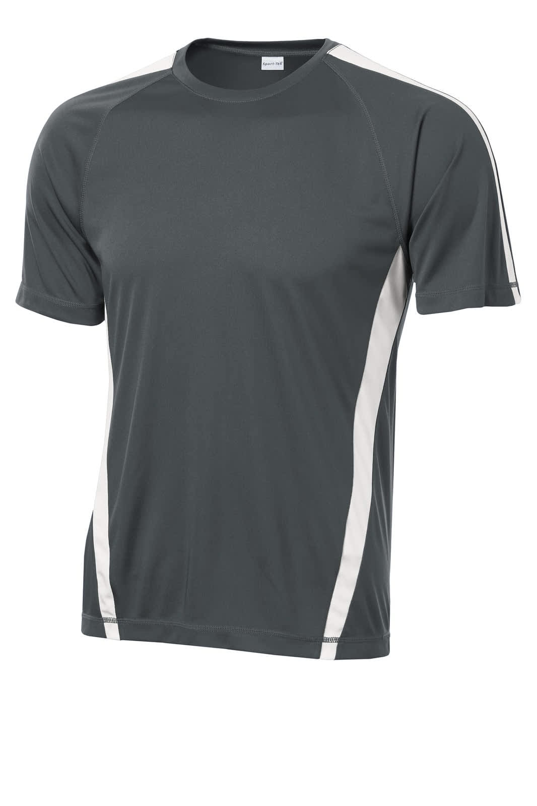 A dark grey short-sleeve t-shirt featuring contrasting light grey side panels and a logo on the chest.