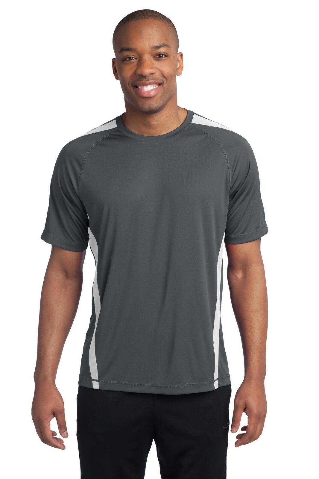 A man wearing a grey Sport-Tek Colorblock PosiCharge Competitor Tee with white accents and a logo.