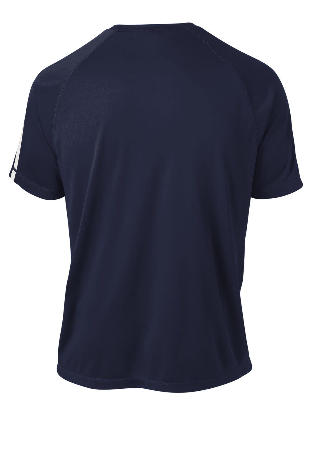 A navy blue Sport-Tek Colourblock PosiCharge Competitor Tee featuring a logo, viewed from the back.