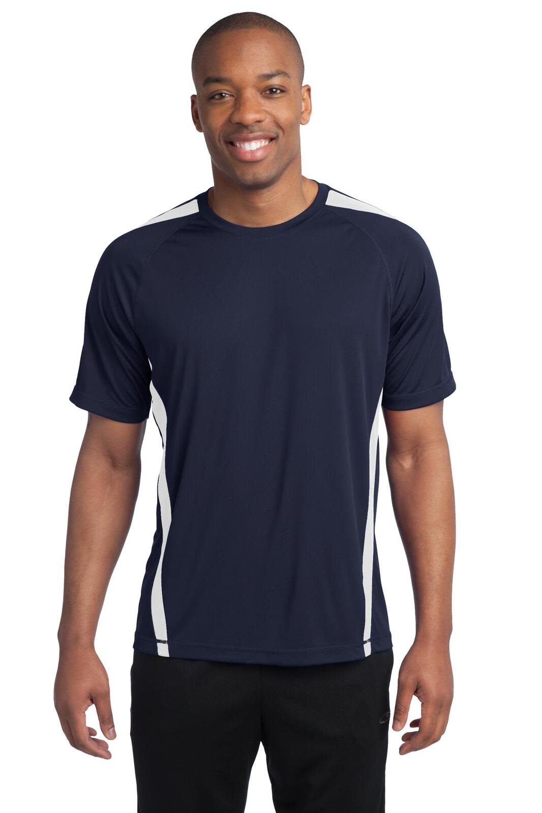 A navy blue t-shirt featuring white colourblock accents and a logo on the front. Suitable for activewear.
