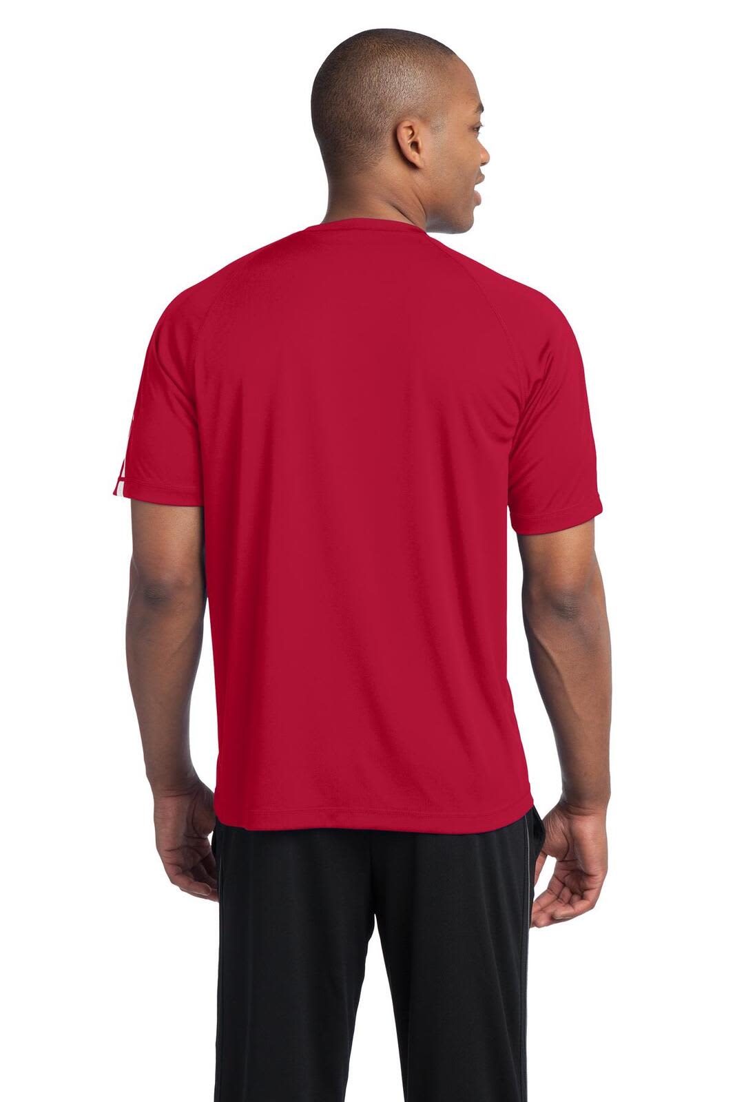A red short-sleeve t-shirt with a smooth fabric finish, featuring a logo on the sleeve.