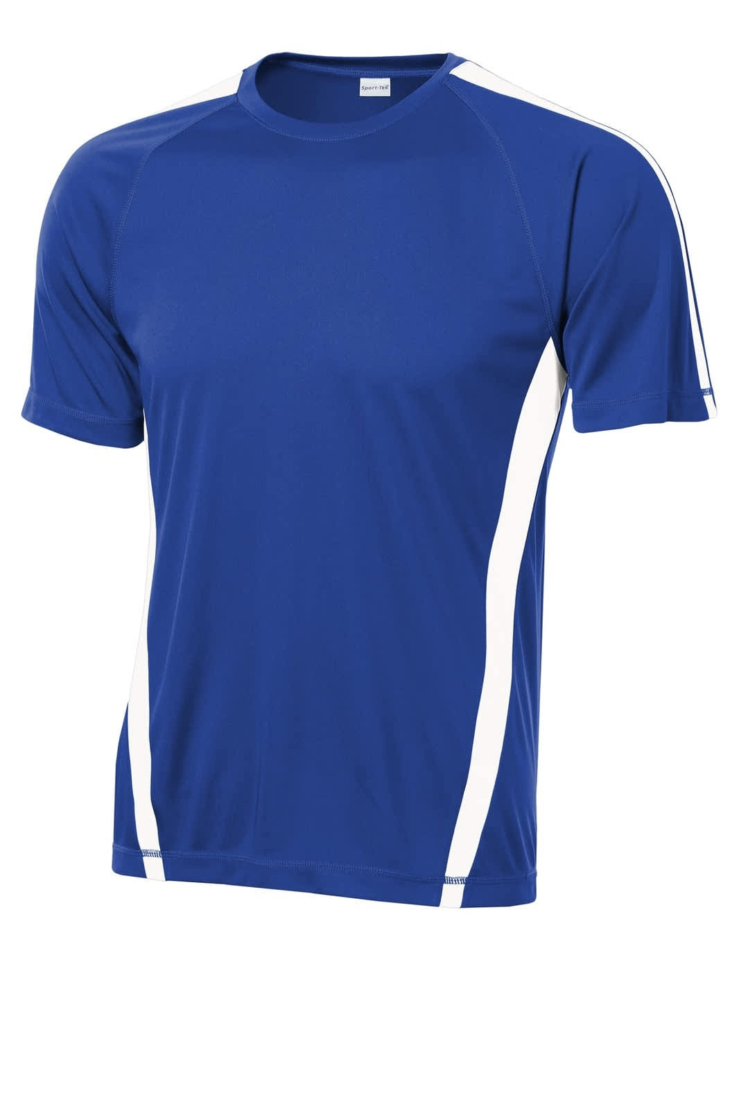 A blue sports tee featuring white side accents and a logo on the front. Made from lightweight, breathable fabric.