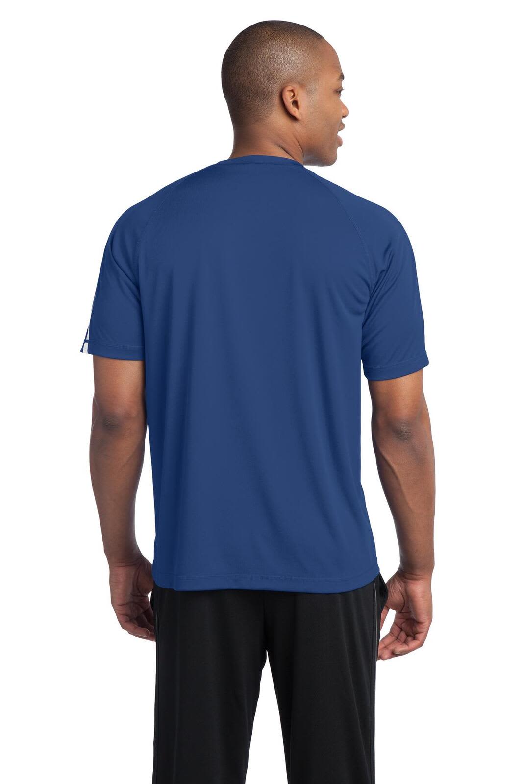 A blue Sport-Tek Colorblock PosiCharge Competitor Tee featuring a sleek design and a logo on the sleeve.