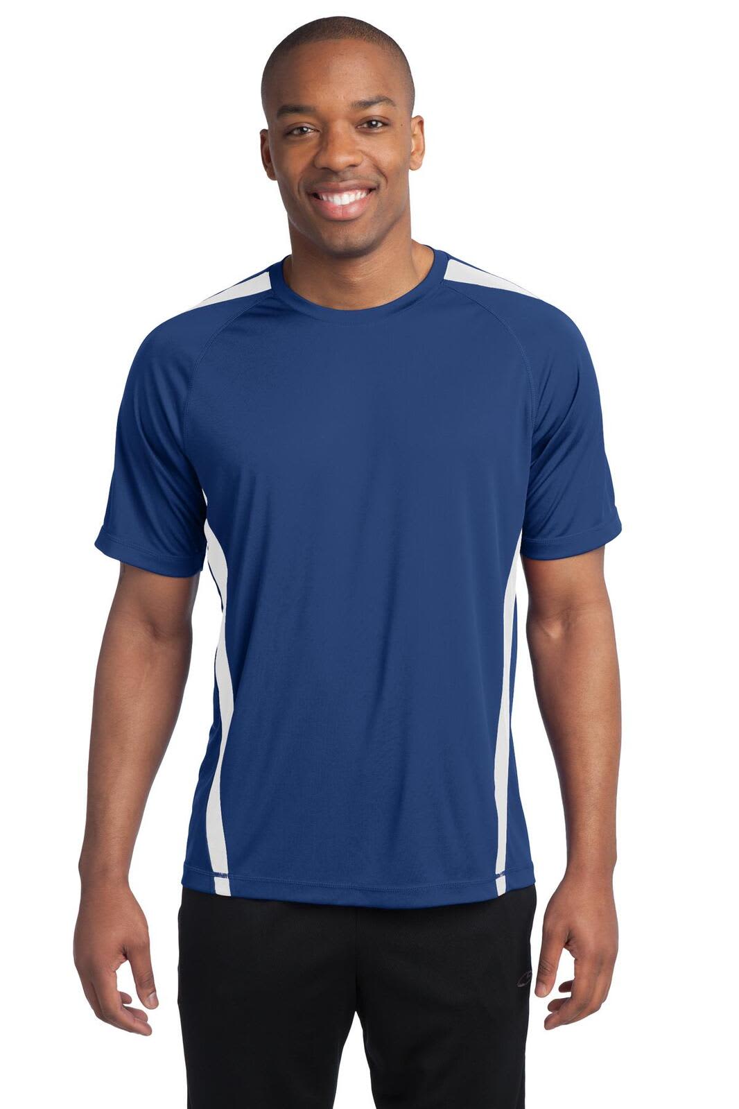 A man wearing a navy blue athletic t-shirt with white colourblocking details and a logo on the front.