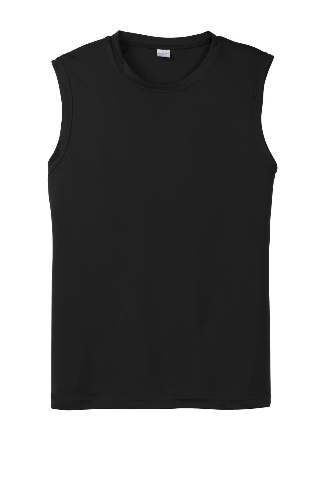 A black sleeveless tee with a simple design and a logo on the chest. Ideal for sportswear or casual wear.