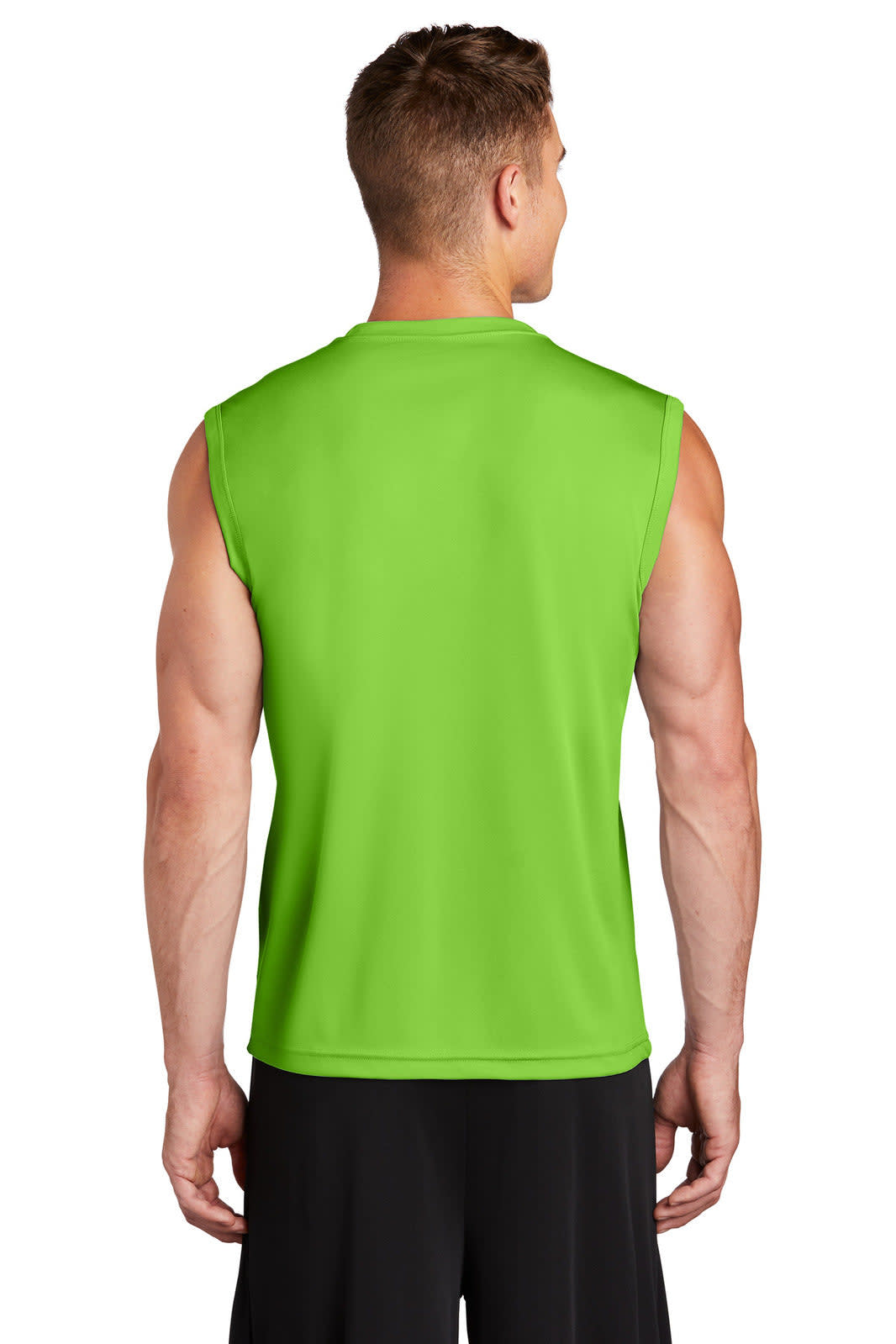 A man wearing a bright green sleeveless athletic tee, viewed from the back, featuring a logo.