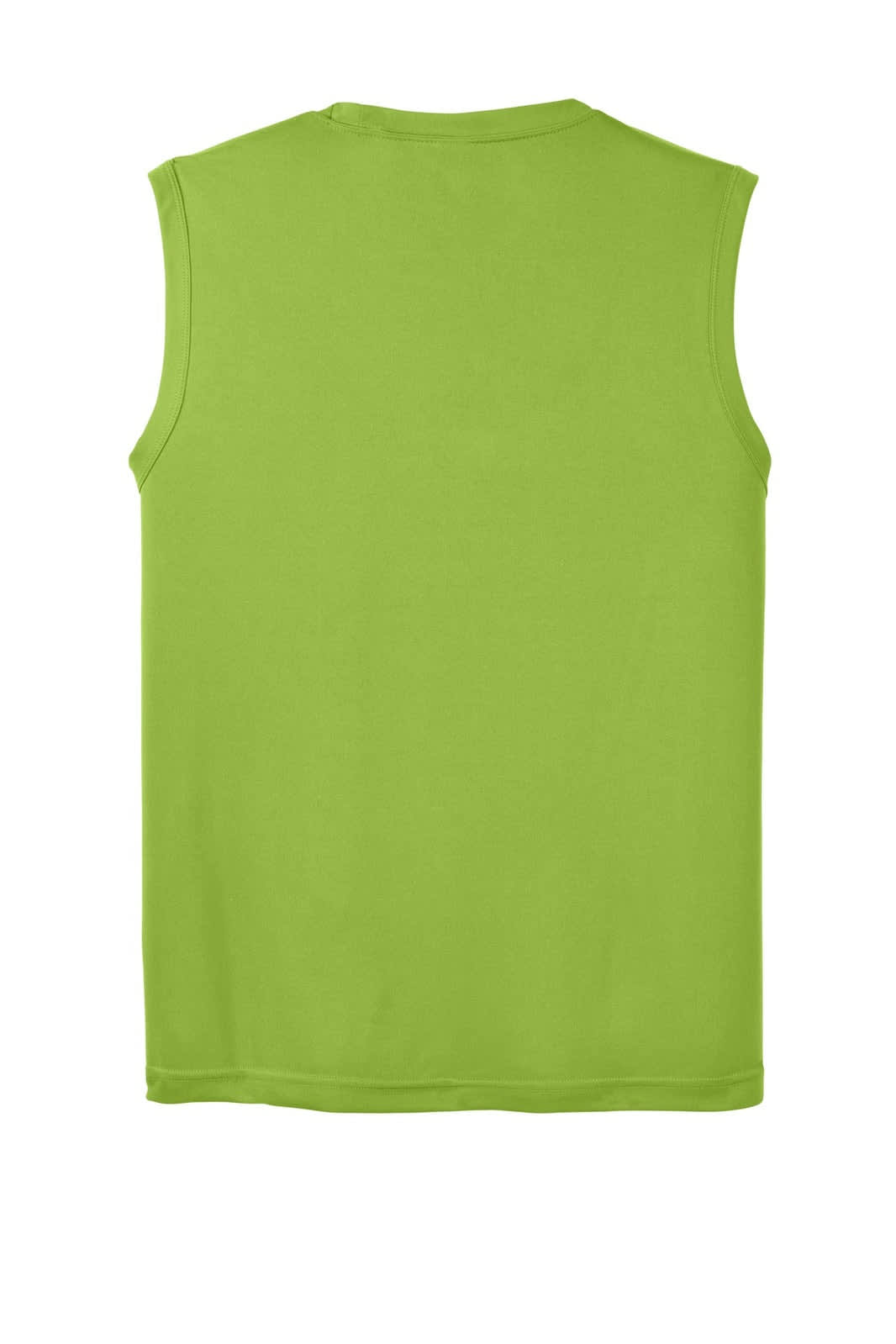 A bright green sleeveless tee featuring a simple design and a logo on the back.
