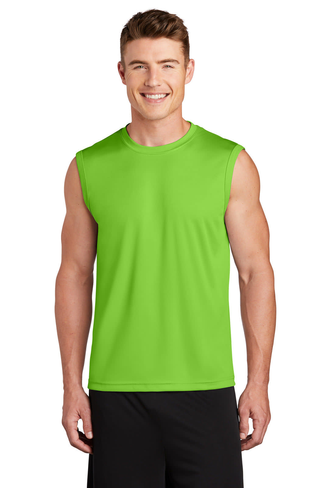 A man models a bright green sleeveless athletic tee, featuring a logo on the front.