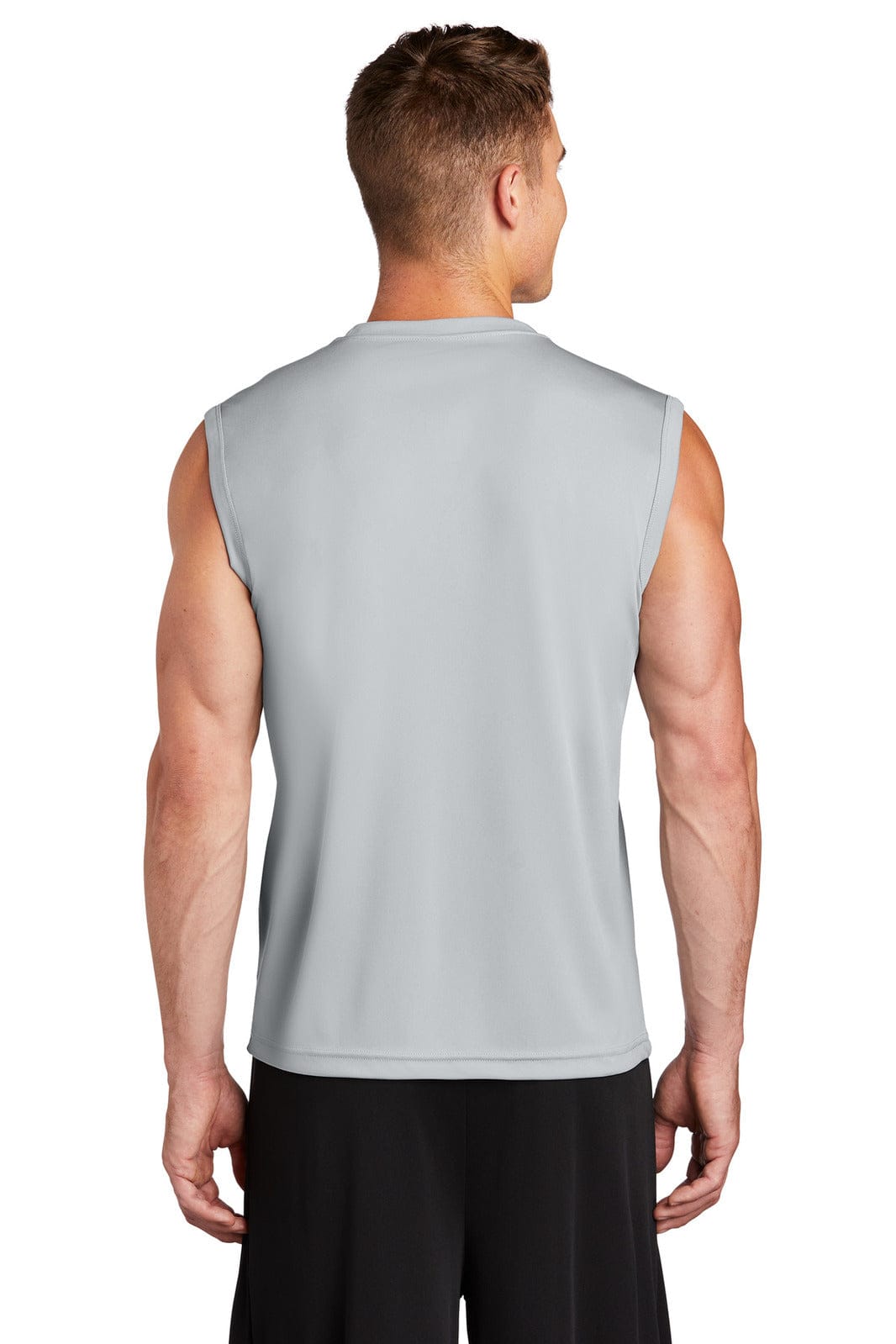 A sleeveless grey competitor tee from Sport-Tek, featuring a logo and a relaxed fit for comfort.
