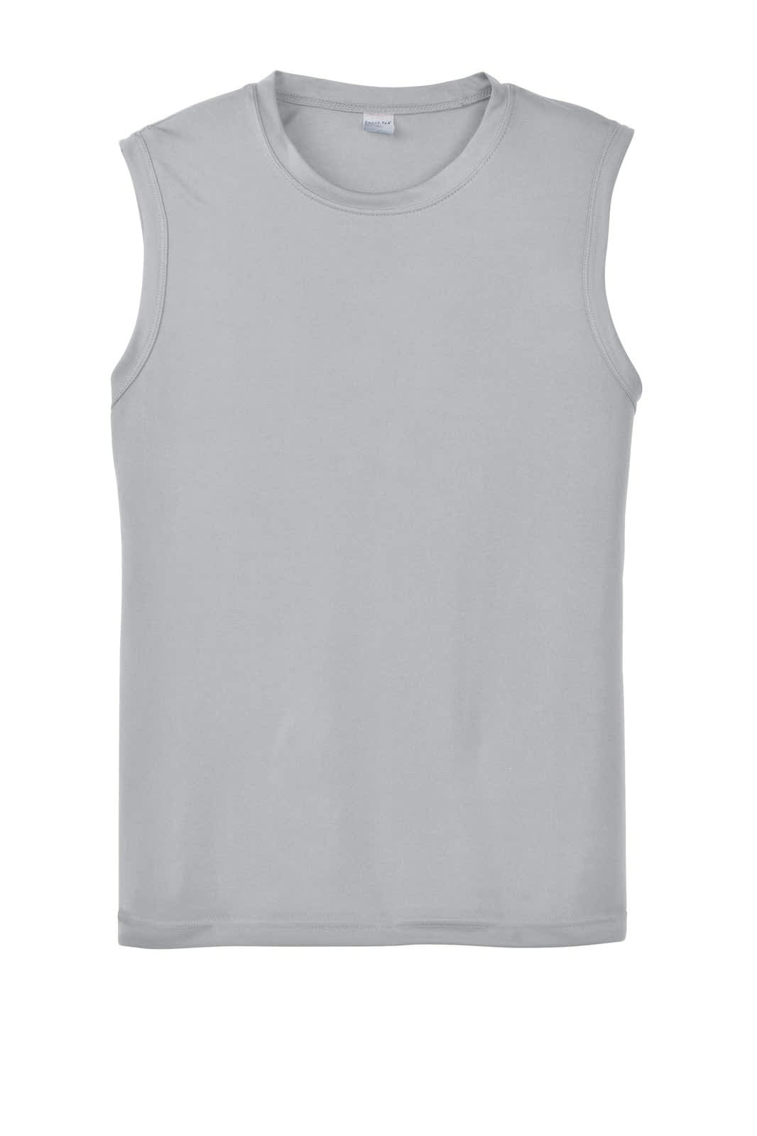 A light grey sleeveless tee featuring a round neck and a logo on the front.