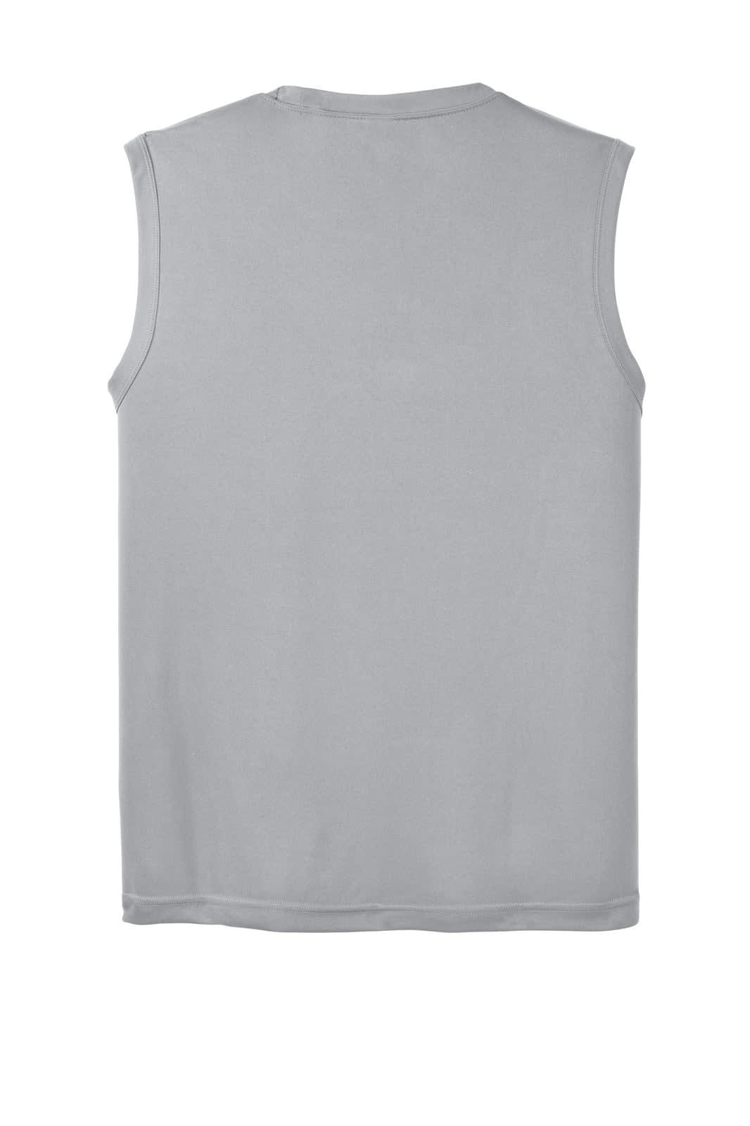 A sleeveless grey athletic tee featuring a simple design and a logo on the back.