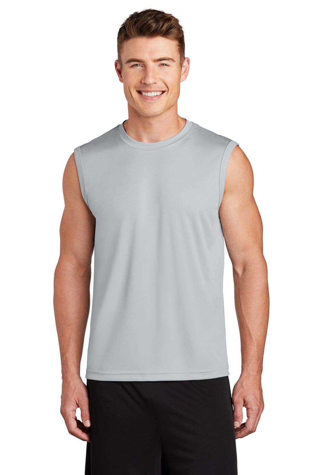 A light grey sleeveless tee worn by a man, featuring a branding logo. Suitable for sports and active wear.
