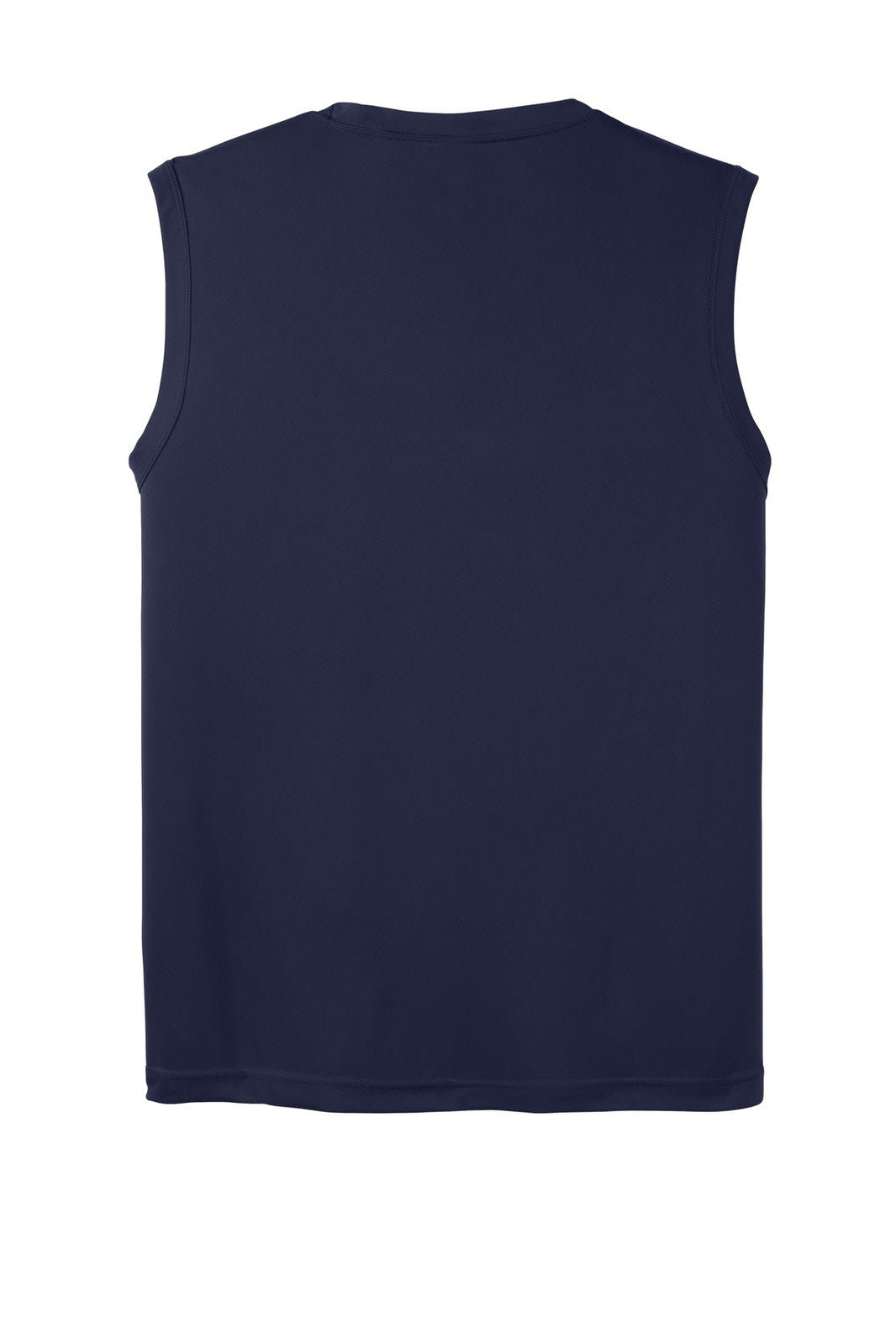A navy sleeveless athletic tee with a smooth fabric finish, featuring a logo. Ideal for sports or casual wear.