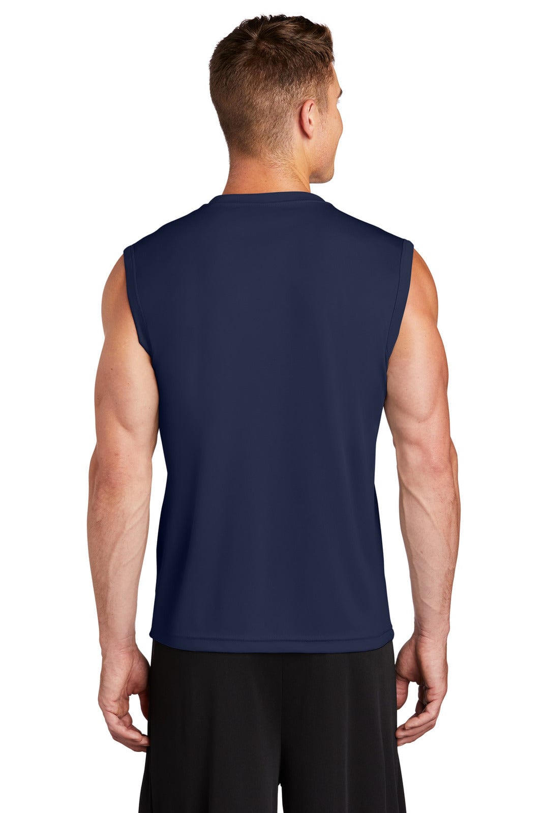 A navy blue sleeveless tee displayed from the back, featuring a logo on the fabric.