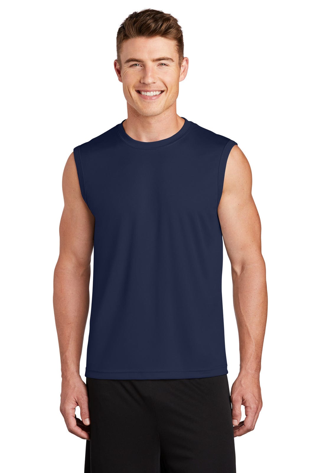A sleeveless navy tee worn by a man, featuring a smooth fabric and a casual fit. The shirt has a logo.