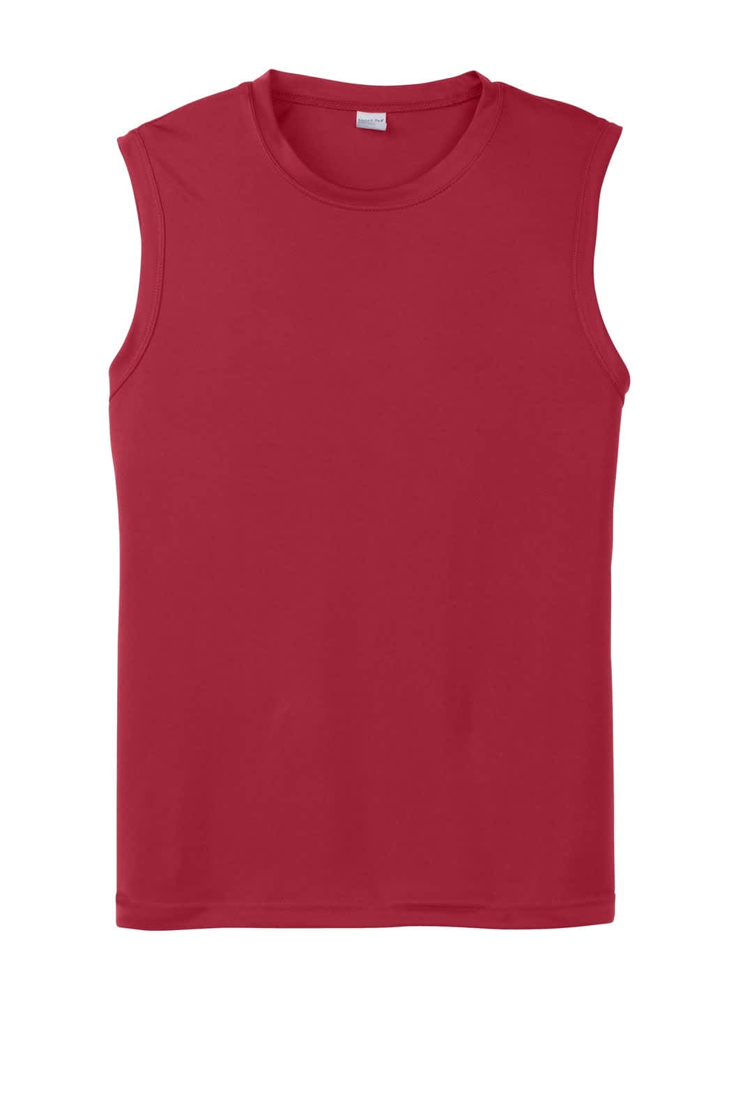 A red sleeveless tee shirt with a smooth fabric and a simple design. It features a logo at the neckline.