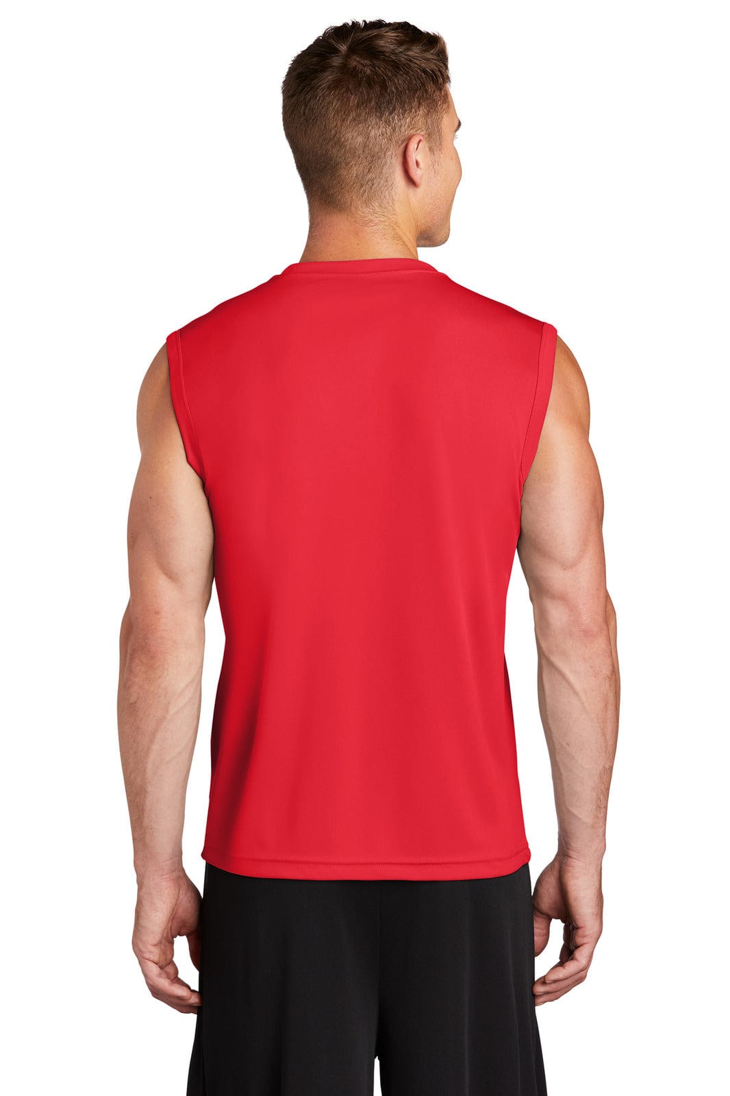 A red sleeveless sports tee with a smooth finish, featuring an unspecified logo on the back.