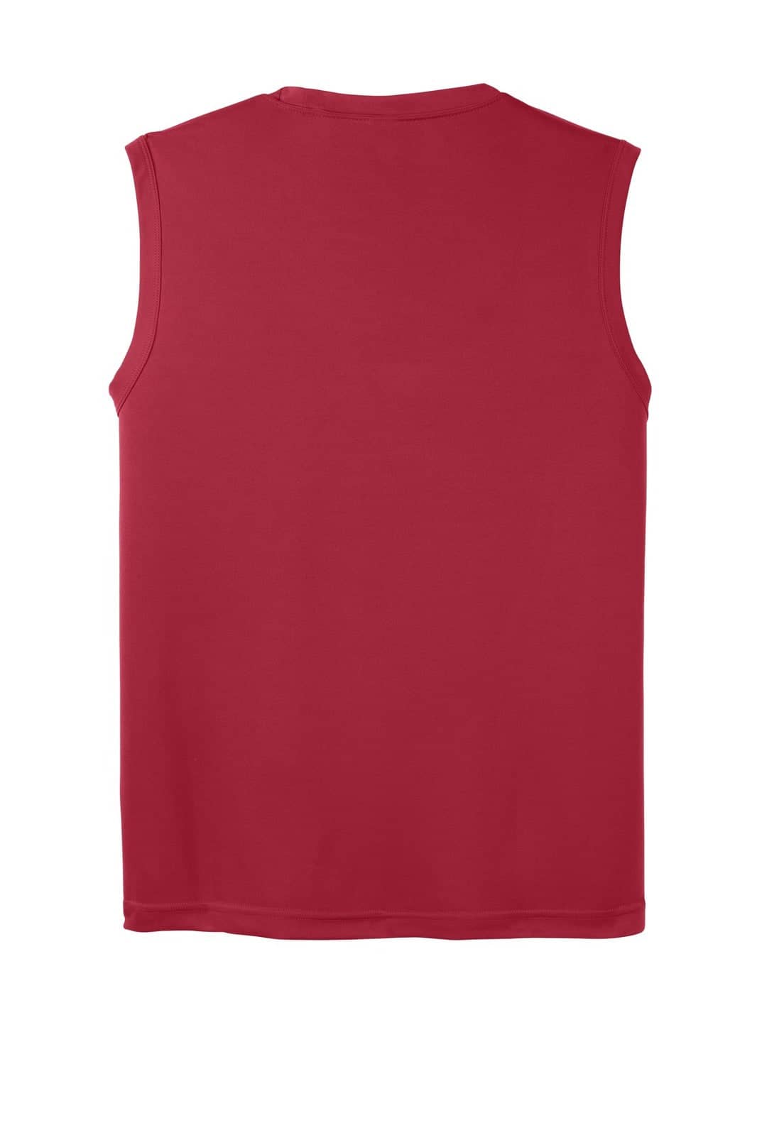 A red sleeveless tee featuring a smooth fabric texture and a design suitable for activewear. It has a logo on it.