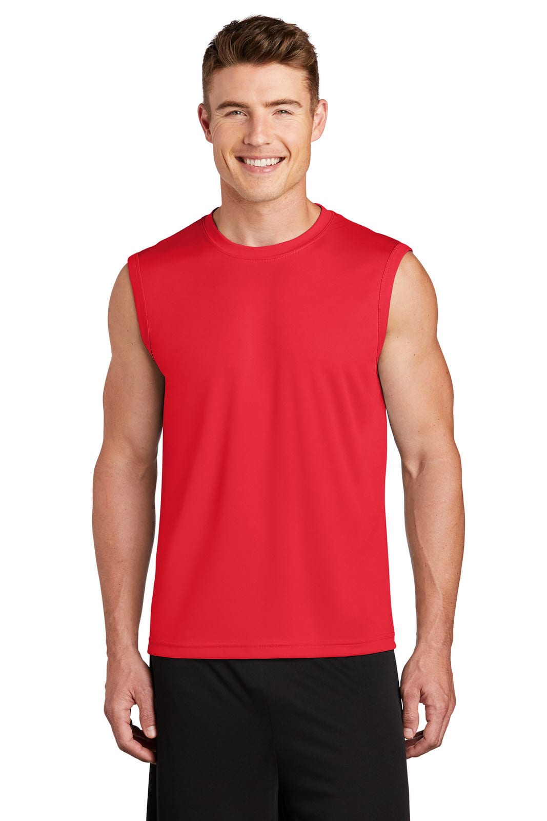 A sleeveless red athletic tee displayed on a model, featuring a logo on the front.