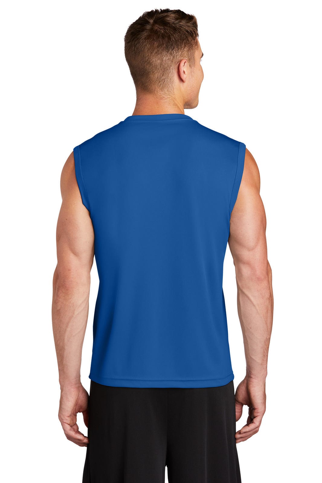 A sleeveless blue competitor tee viewed from the back, featuring a simple design and a logo.