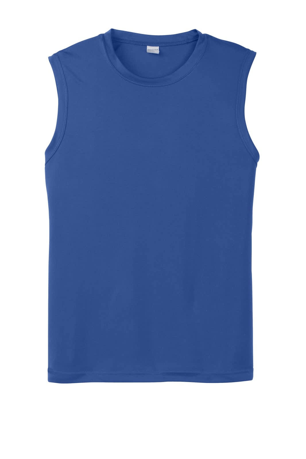 A sleeveless blue tee shirt featuring a logo, designed for athletic wear.