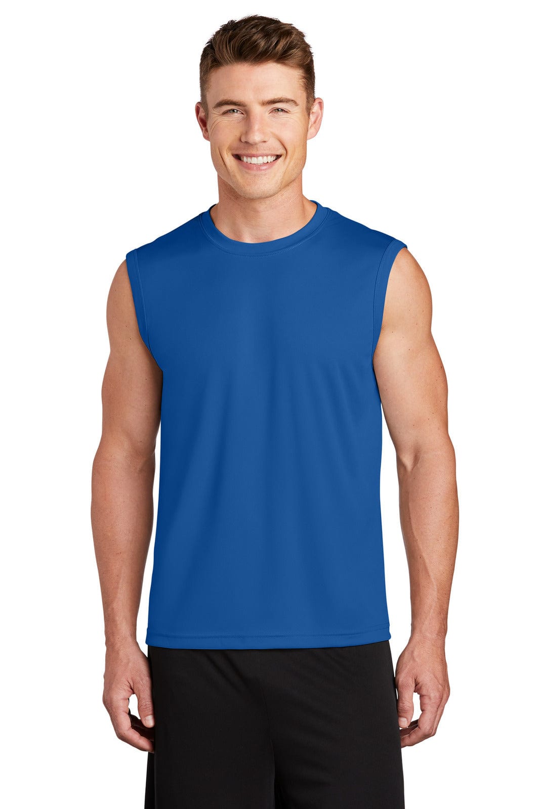 A sleeveless blue sport tee worn by a smiling man, featuring a logo on the front.