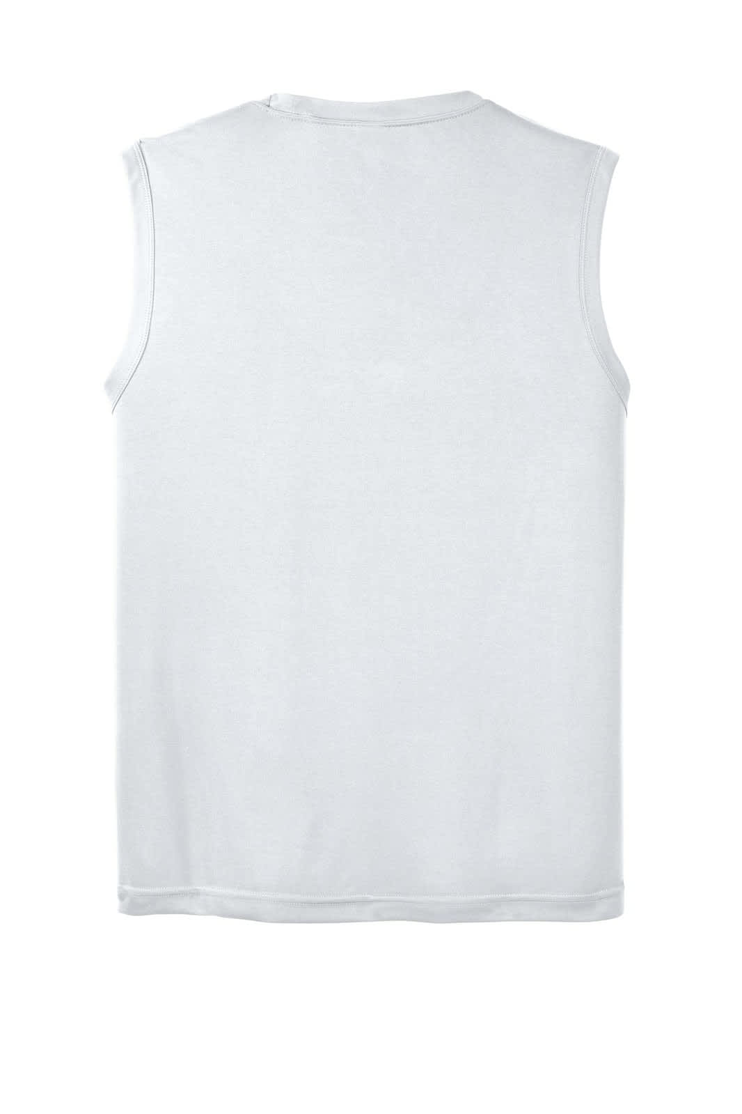 A white sleeveless t-shirt featuring a simple design and a logo on it.