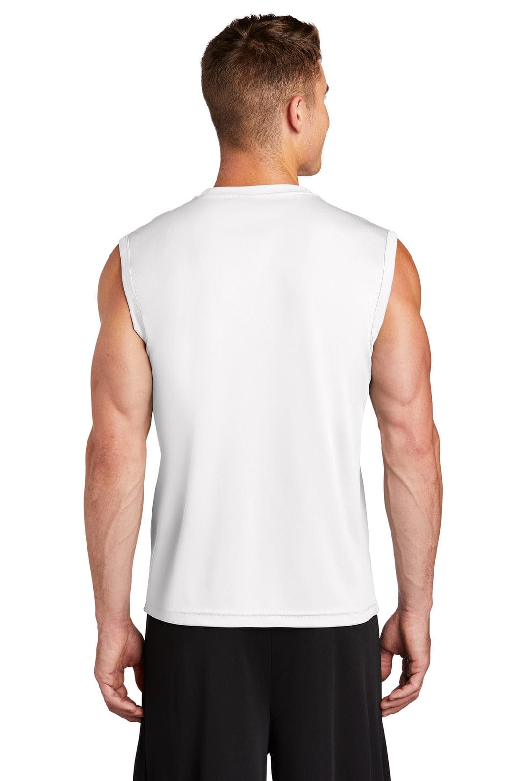A sleeveless white tee with a smooth finish, featuring a logo and a relaxed fit, ideal for active wear.