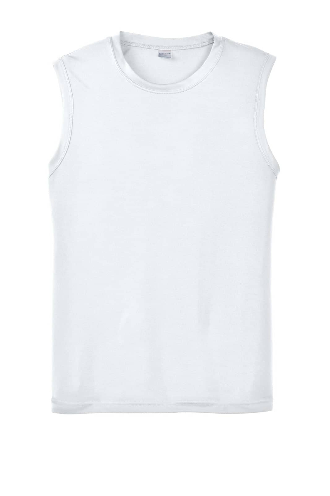 A white sleeveless tee shirt made from PosiCharge fabric, featuring a logo on the front.