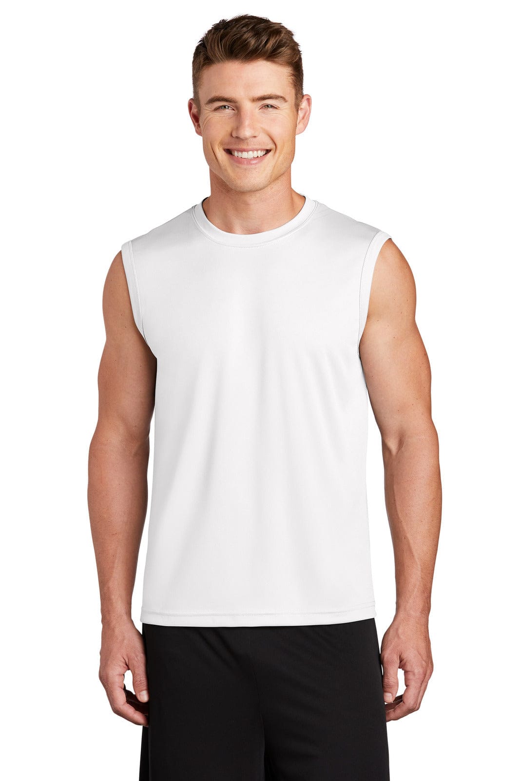 A sleeveless white tee designed for sports, featuring a logo and a relaxed fit. Ideal for active wear.