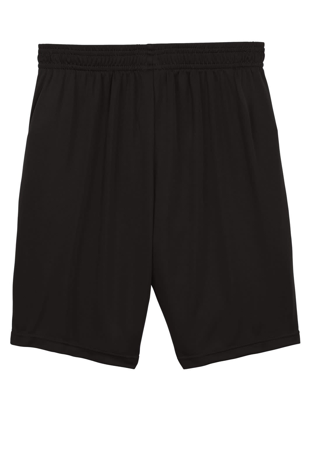 Black sports shorts with an elastic waistband and a logo, designed for athletic use.