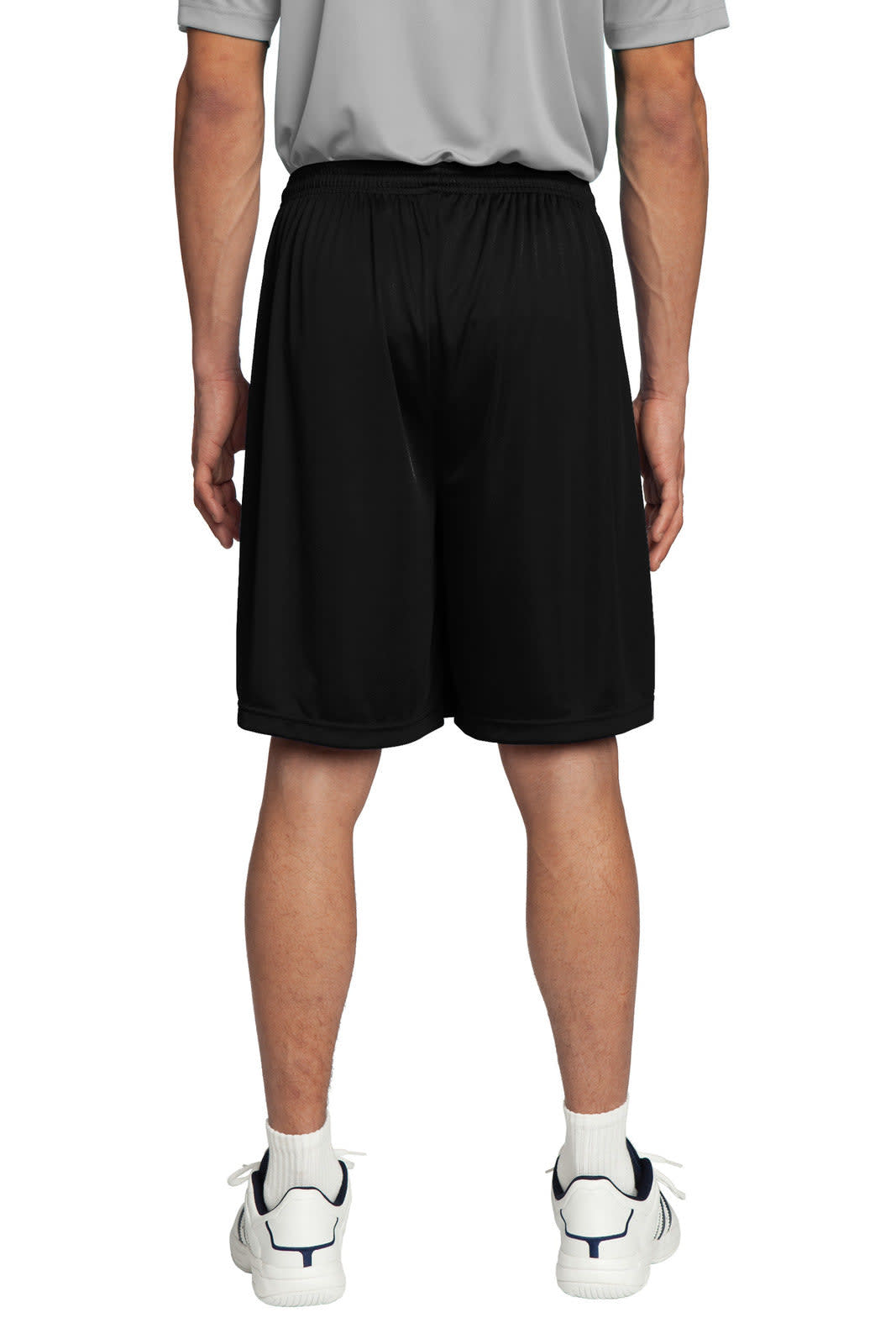 Black sports shorts with an elastic waistband, featuring a back view of the product.