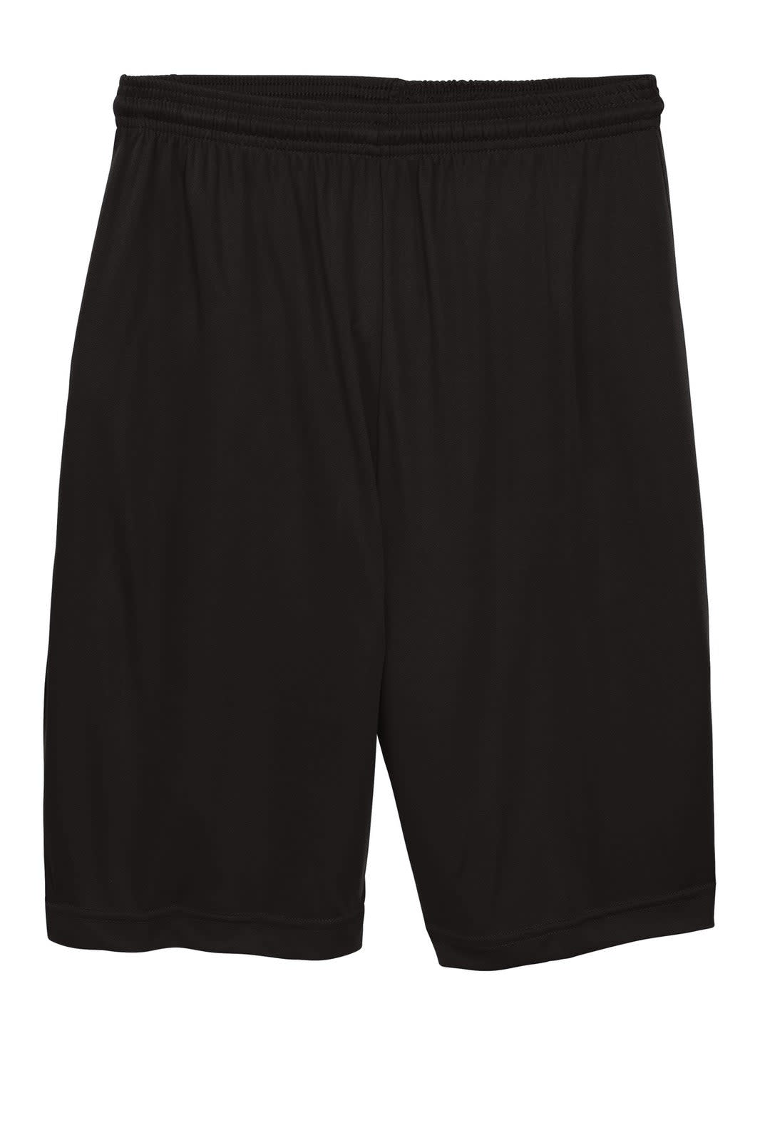 Black sports shorts with an elastic waistband and a logo. Suitable for athletic activities.