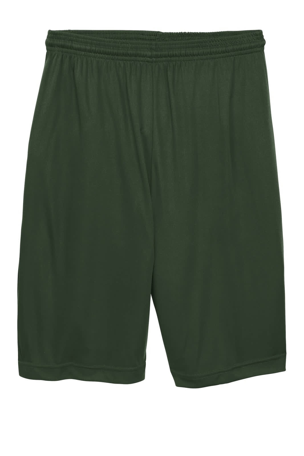 Green sports shorts with an elastic waistband and a plain design, featuring a branding logo.
