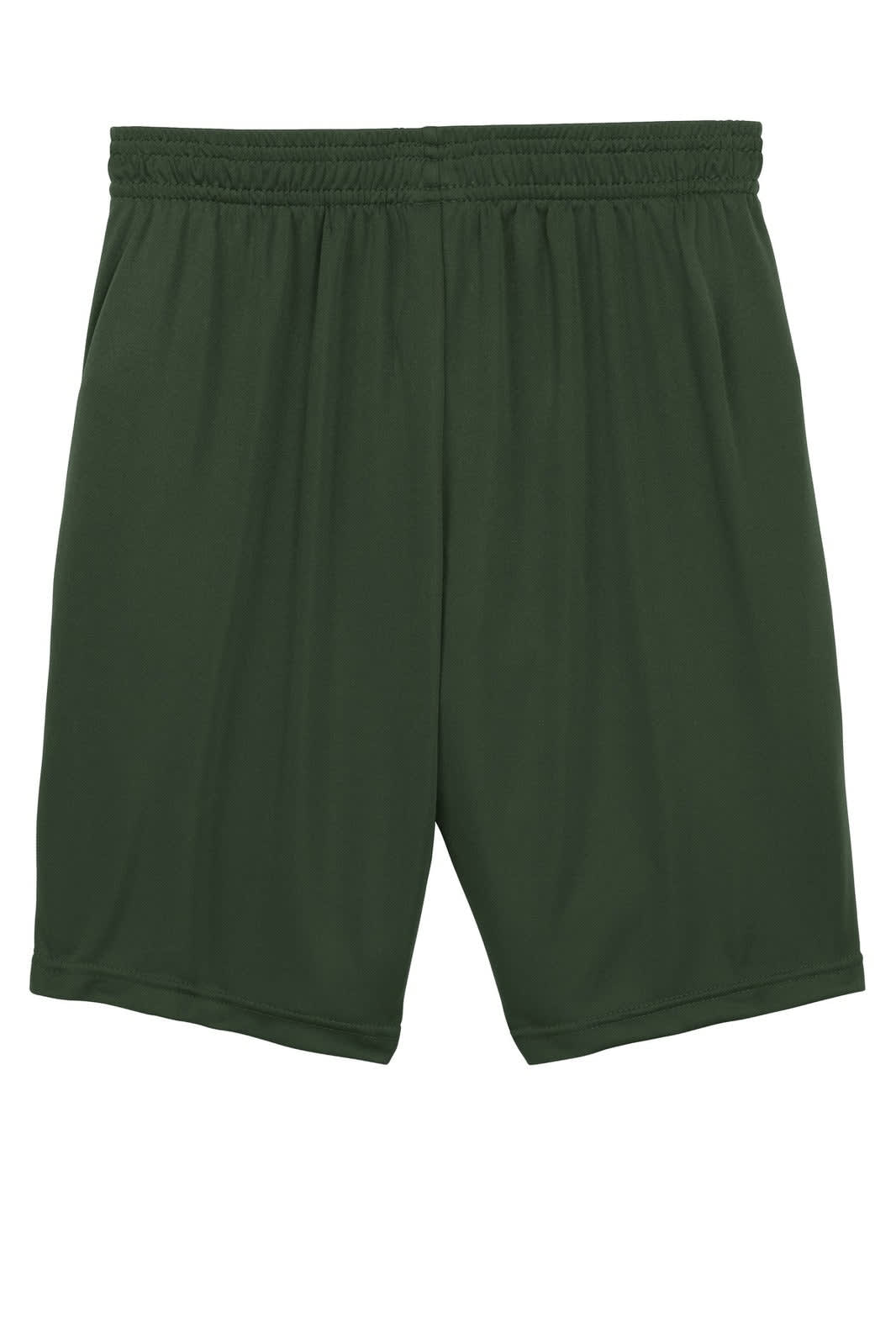Green sports shorts with an elastic waistband and a simple design, featuring a logo.