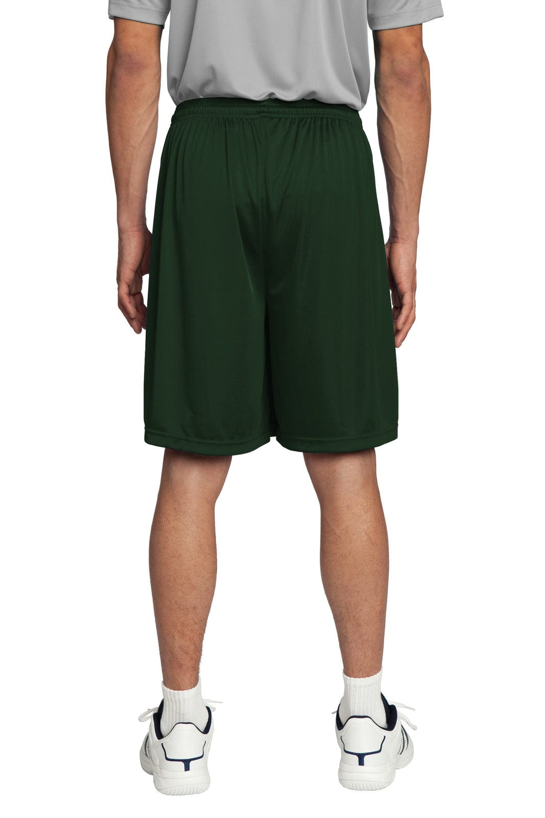 Green sports shorts featuring an elastic waistband and a logo on the side, shown from the back.