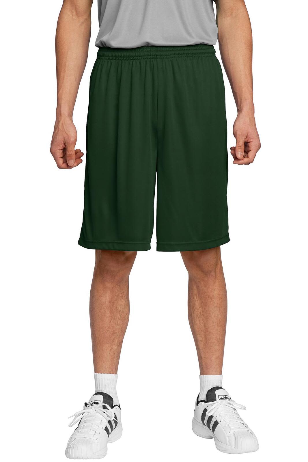 Dark green sports shorts with an elastic waistband, featuring a logo, displayed on a model.