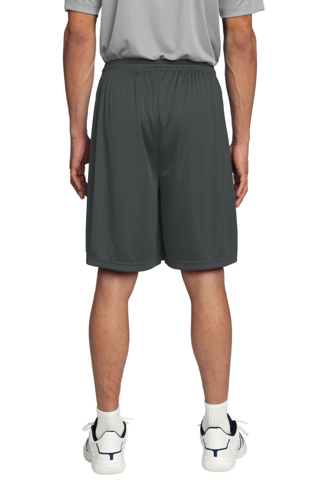 Sport shorts in dark grey with an elastic waistband, featuring a logo on the back.