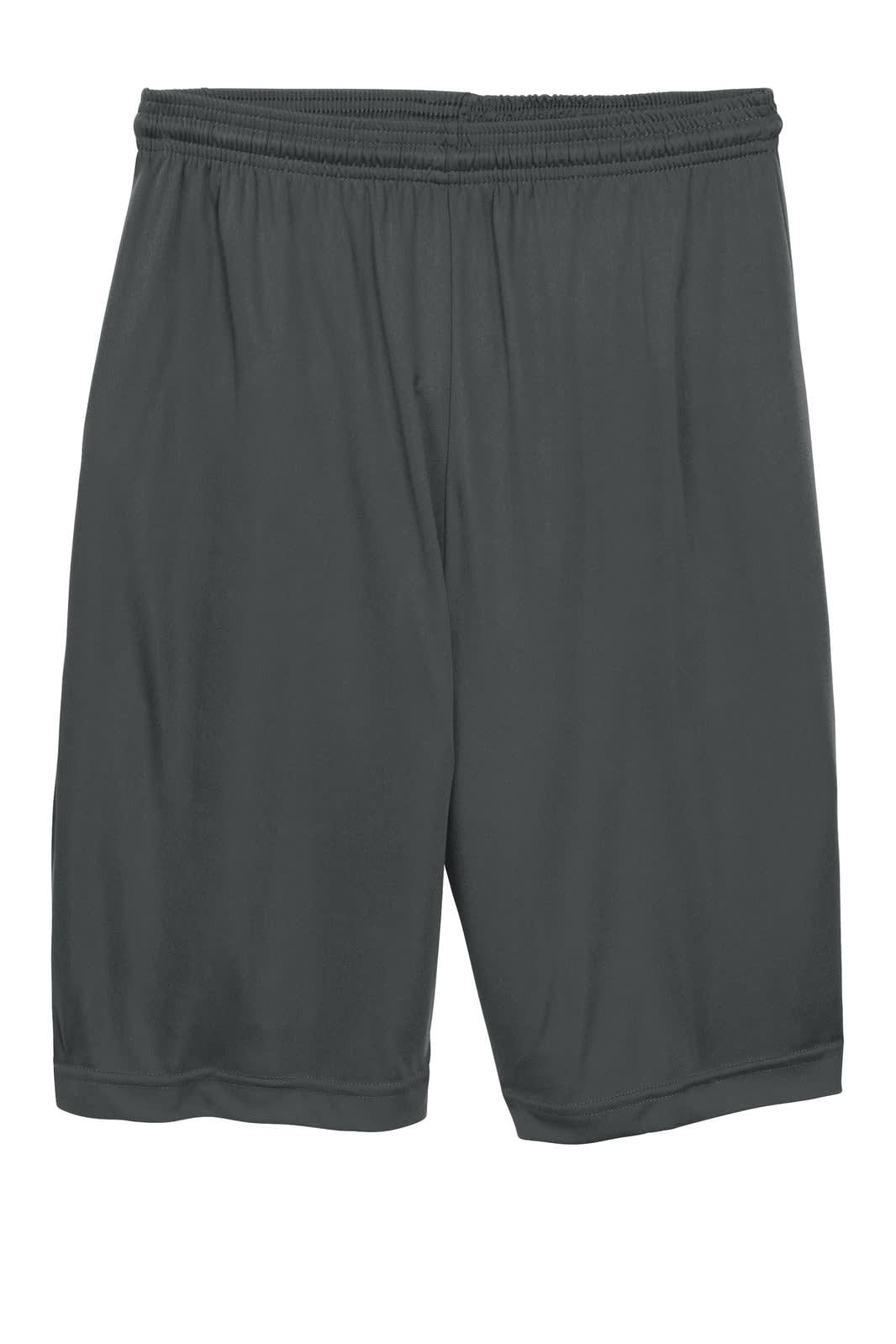 A pair of dark grey sports shorts with an elastic waistband and a branding logo.