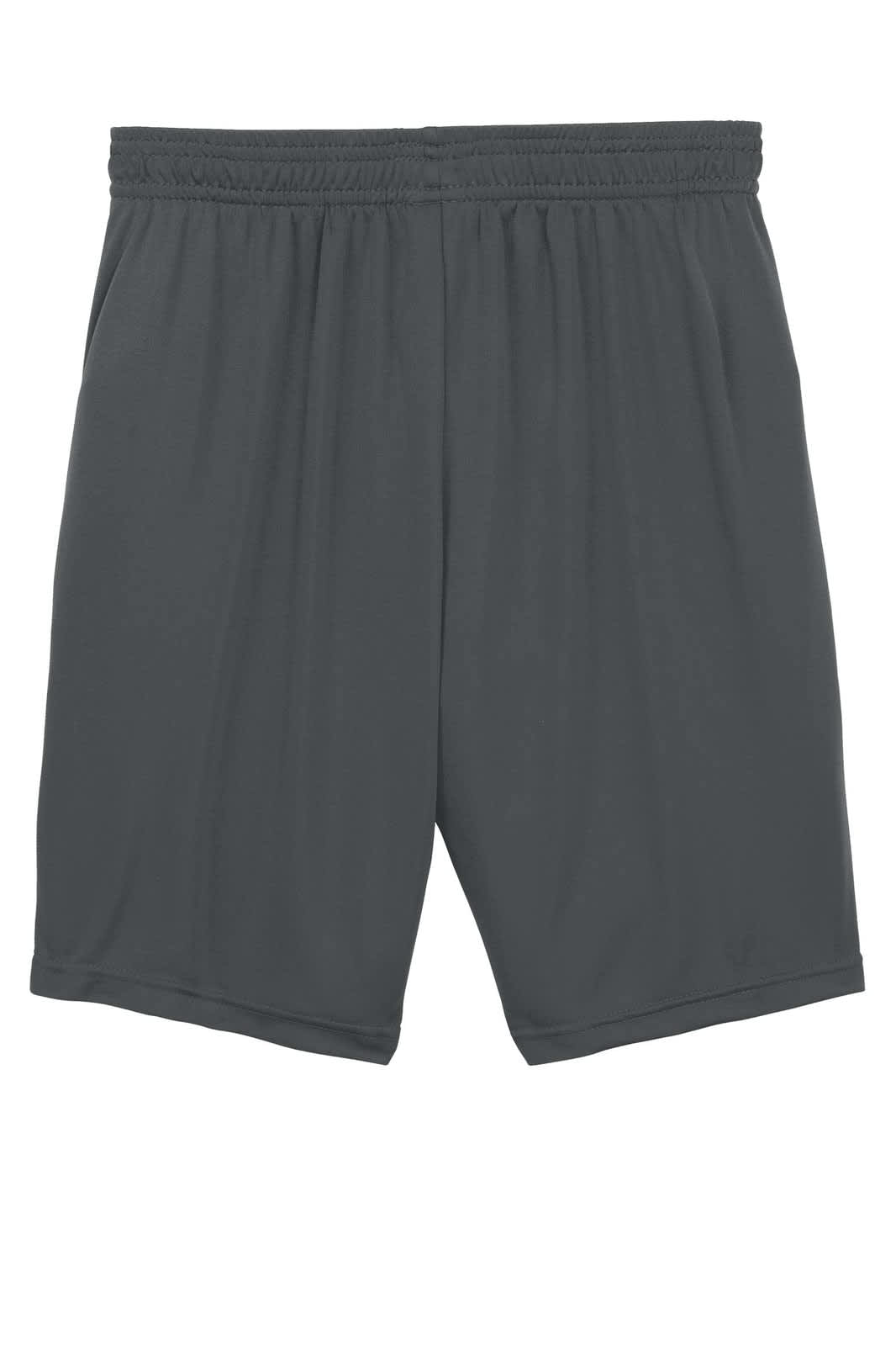 A pair of dark grey sports shorts with an elastic waistband and a branding logo.