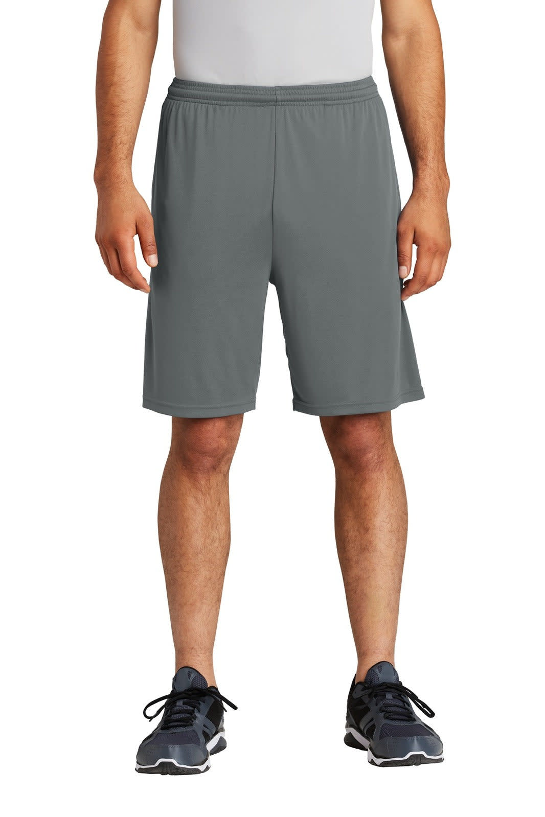 A pair of grey sports shorts with a pocket, featuring an elastic waistband and worn by a model.