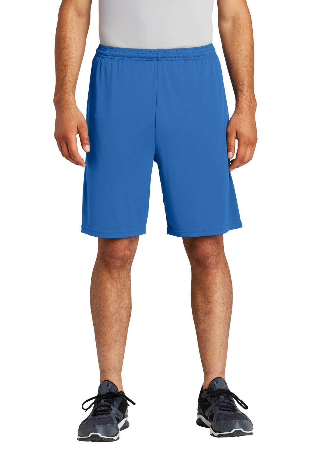 A pair of blue sports shorts with a pocket and an elastic waistband, modelled by a male figure.