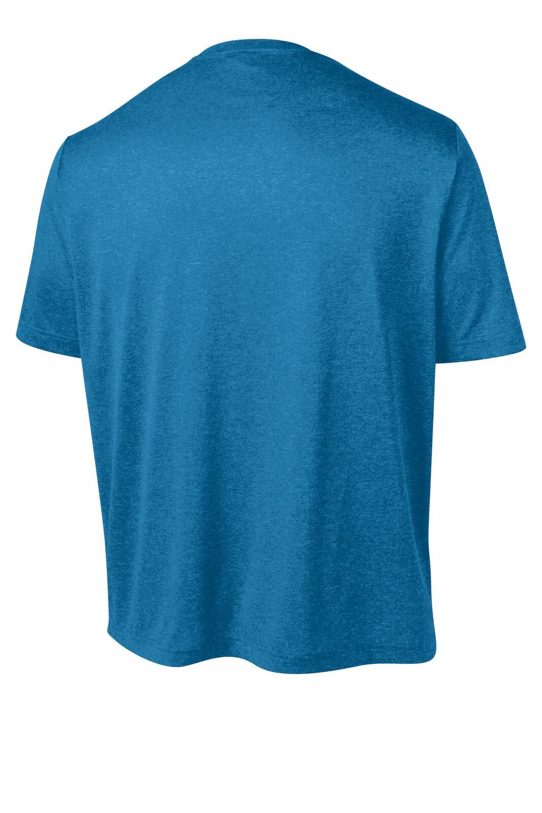 A blue heather T-shirt with a crew neck and short sleeves, featuring a logo on the back.