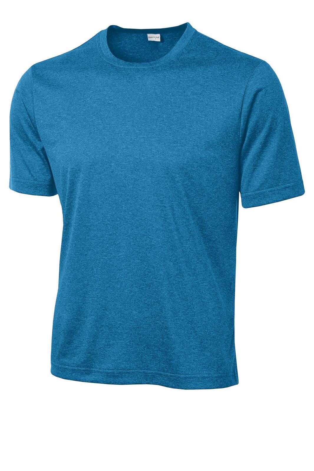 A blue heather t-shirt featuring short sleeves and a round neckline, with a logo on the collar.