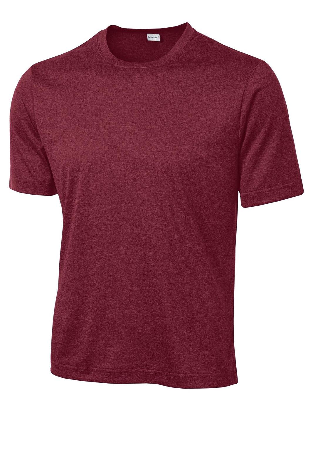 A maroon Sport-Tek Heather Contender Tee featuring short sleeves and a crew neckline, with a branding logo.