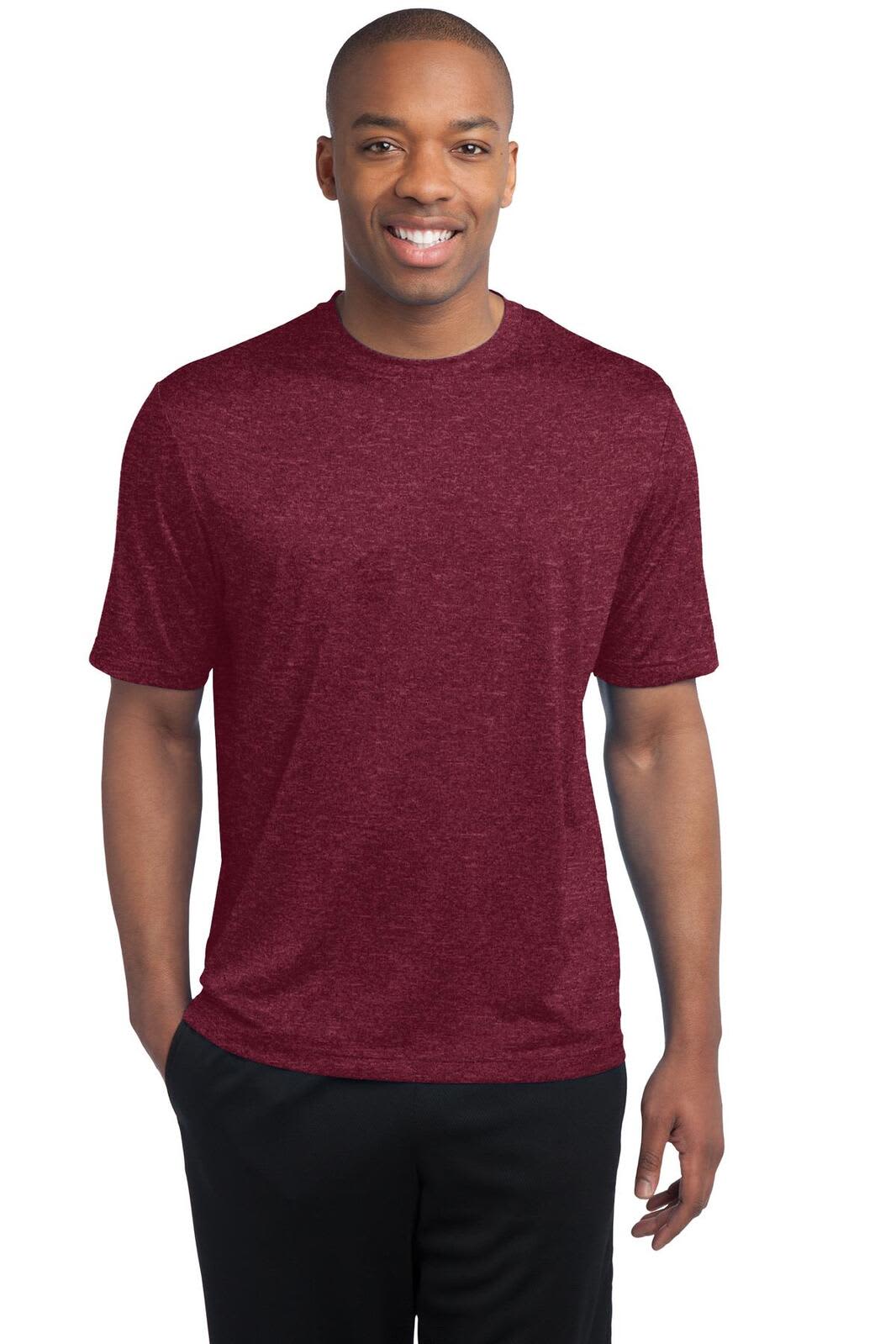 A red heather t-shirt with short sleeves, featuring a logo, worn by a smiling man.