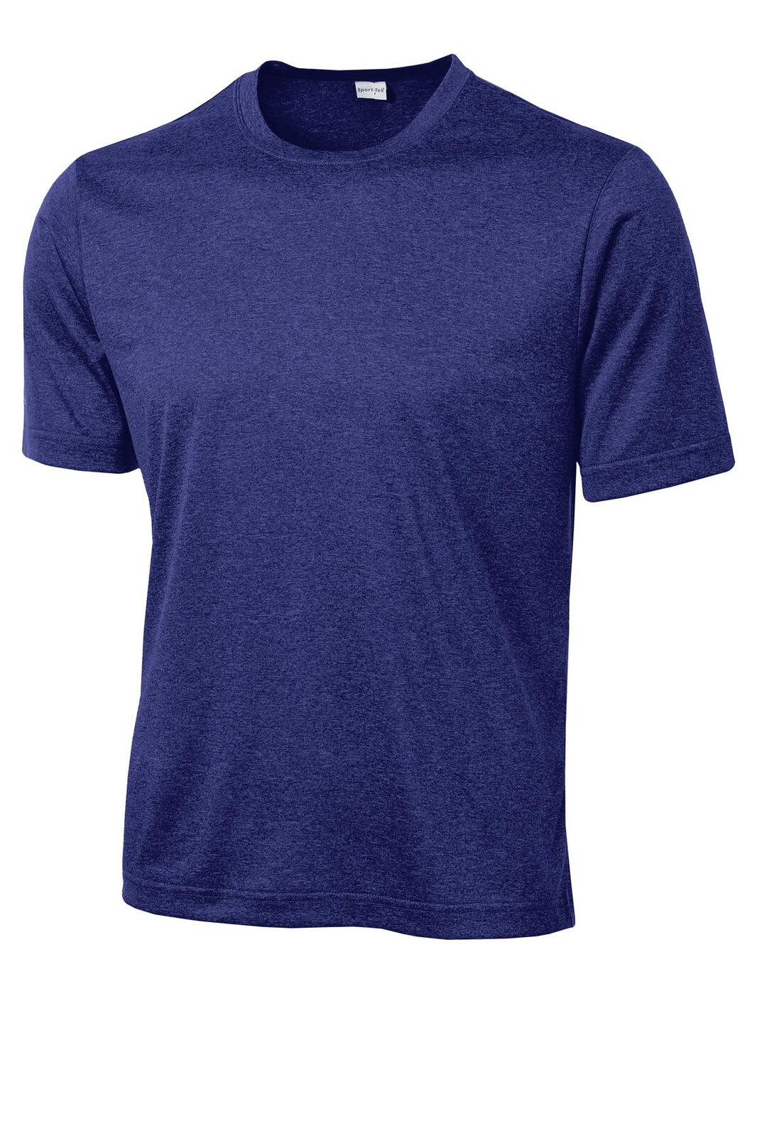 A navy blue Sport-Tek Heather Contender Tee with short sleeves and a logo.
